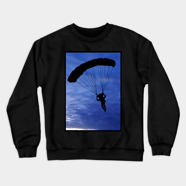 Parachuter Silhouette in Beautiful Blue Sky with a Black Border Crewneck Sweatshirt by Blue Butterfly Designs 